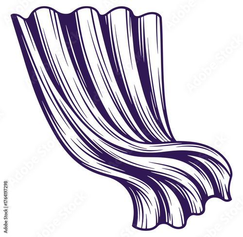 Elegant flowing curtain illustration in indigo color with detailed linear art style for design use
