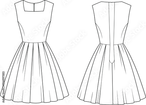Sleeveless dress technical sketch, square neckline, pleated skirt, front and back view, zipper detail, fashion flat template, cad drawing flat vector illustration