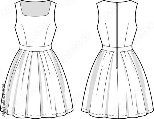 Sleeveless dress technical sketch, scoop neckline, pleated skirt, waistband detail, front and back view, zipper closure, cad drawing flat vector illustration