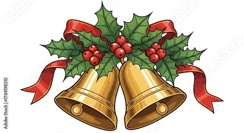Golden Christmas Bells with Holly and Red Ribbon Illustration