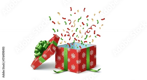 Festive red gift box opening with colorful confetti burst on white background