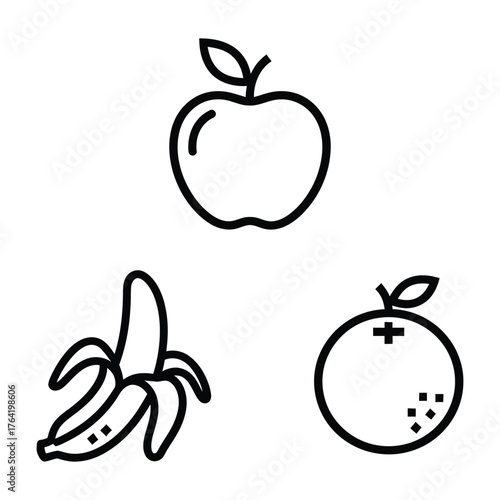 Fruits Icon Set Apple Banana Orange Outline Vector Graphic