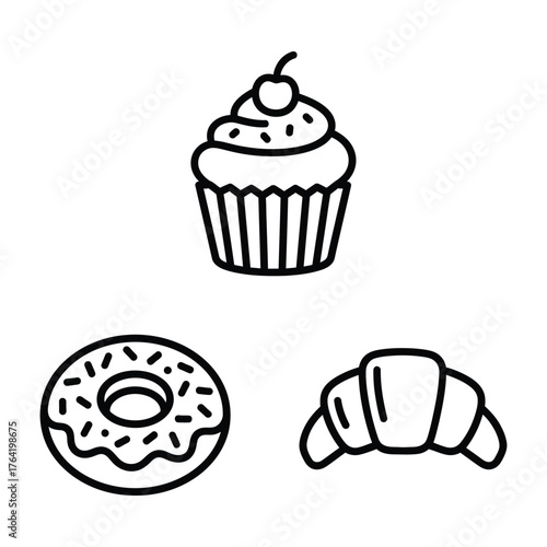 Bakery Dessert Icon Set Cupcake Donut Croissant Line Art