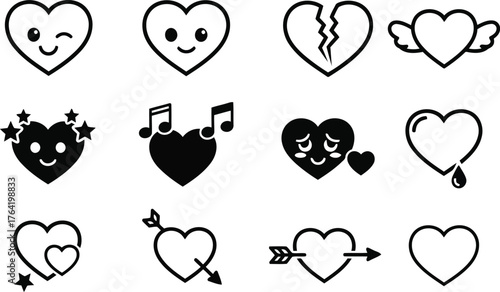Vector art of variety of expressive heart characters and romantic symbols, featuring different emotions and actions, isolated on a