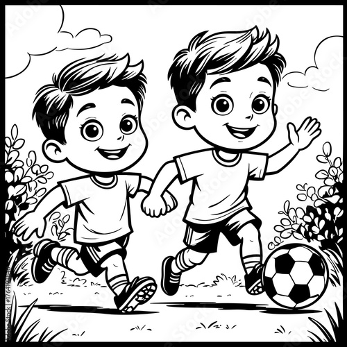 Two boys playing soccer coloring page
