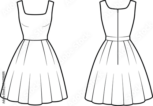 Sleeveless pleated dress technical sketch, front and back view, square neckline, waistband, zipper closure, cad drawing flat vector illustration