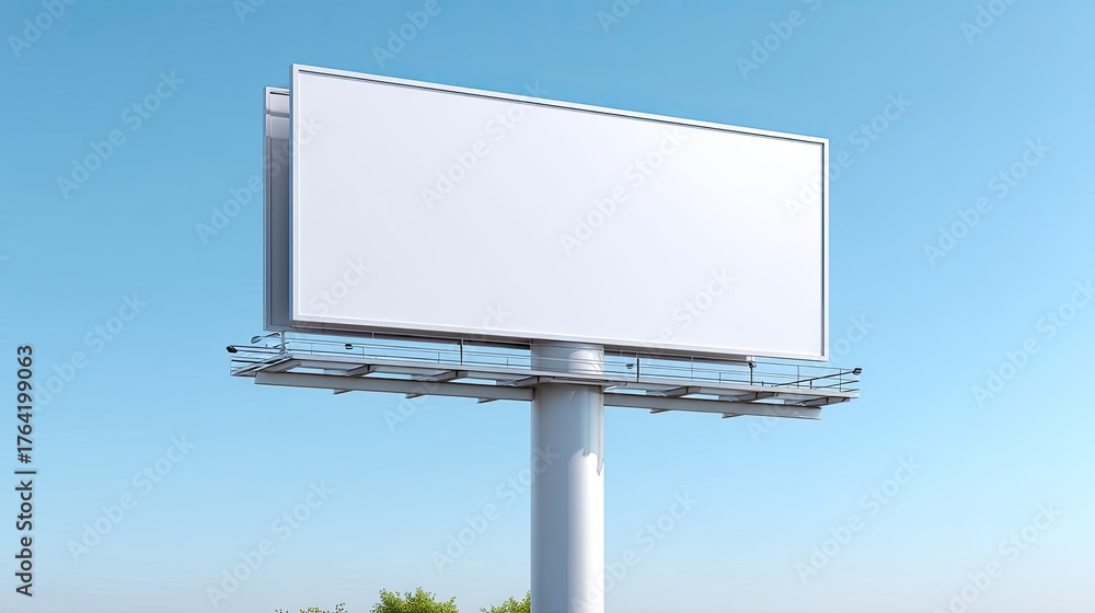 Obraz premium Blank Advertising Billboard Under Clear Blue Sky Surrounded by Green Trees Ready for Custom Marketing Campaign