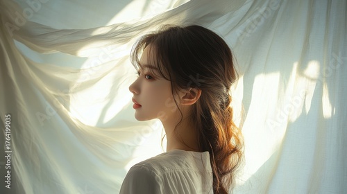 Beautiful model girl with Brown hair strand,silky healthy chestnut wavy hair strand,hair wavy ribbon, with smooth,Keratin straightening,Treatment,straight long hair,procedures,Smooth hairstyle.