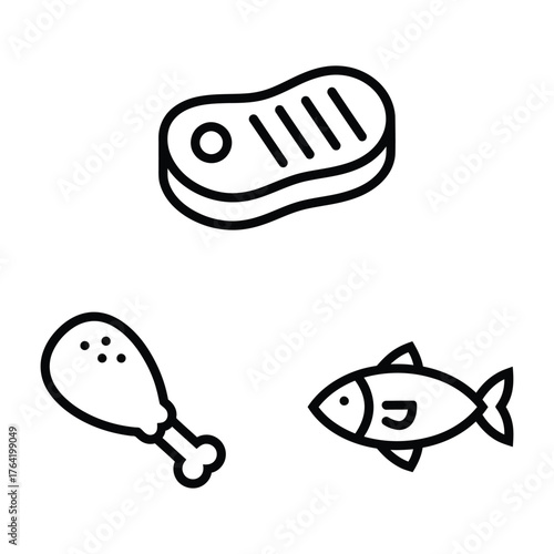 Meat Seafood Icon Set Steak Chicken Leg Fish Outline Vector