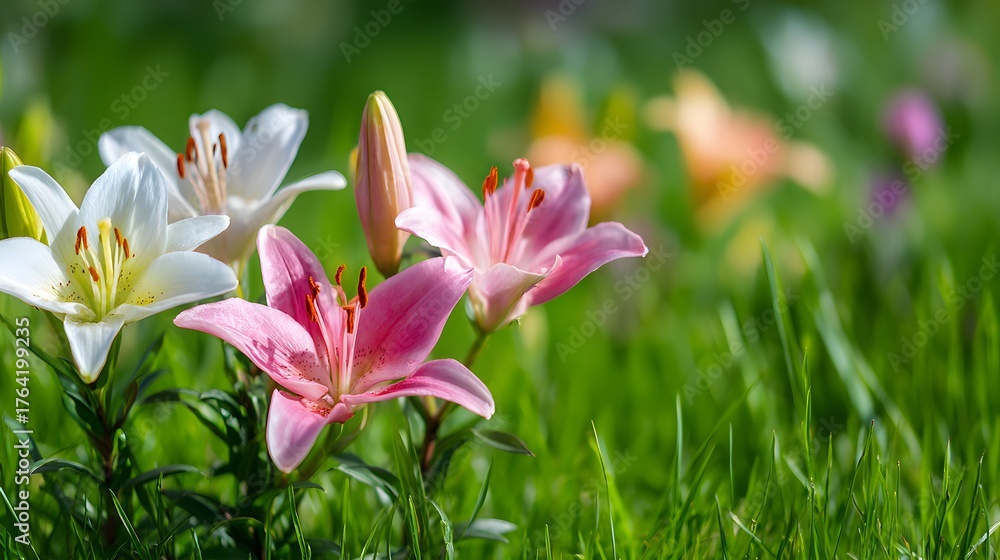 Fototapeta premium Several colorful blooming lilies emerge vibrantly from lush green grass on a bright day