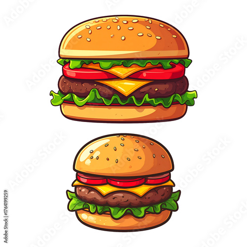 Two stacked juicy cheeseburgers arranged neatly on dramatic black scene