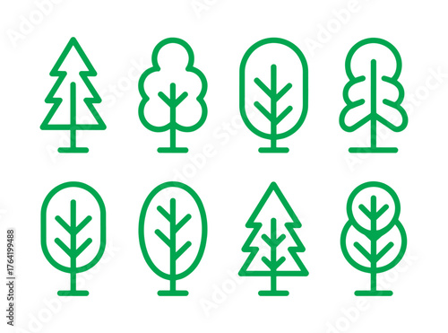 Set of Minimalist Green Tree Line Art Icons