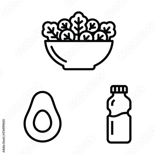 Healthy Eating Icon Set Salad Avocado Water Bottle Outline