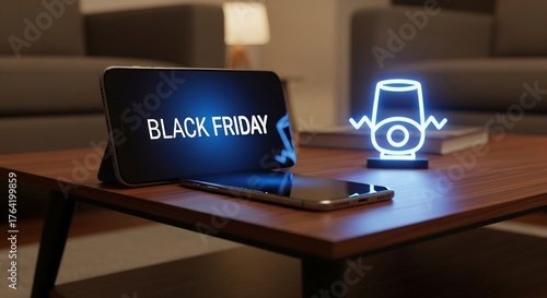 Cozy Black Friday shopping concept. Tablet displaying 