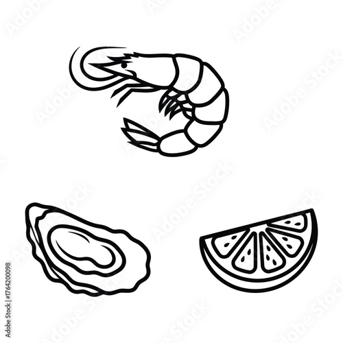 Seafood Prep Icon Set Shrimp Oyster Lemon Wedge Line Art