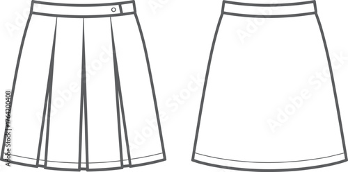 Front and back pleated skirt fashion design with waistband and button detail, women apparel clothing template, CAD drawing flat vector