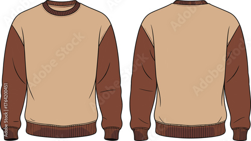 Brown and beige long sleeve sweatshirt front and back view, casual fashion pullover design, crewneck winter clothing, CAD drawing flat vector