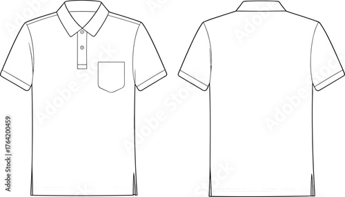 Short sleeve polo shirt with collar and chest pocket, front and back view, classic apparel design, technical fashion template, CAD drawing flat vector