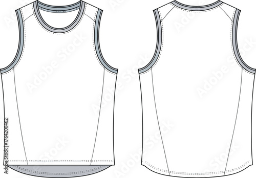 White sleeveless athletic tank top front and back view, sportswear fashion template, gym clothing design, activewear apparel, CAD drawing flat vector