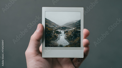 Hand Holding Photographic Print of Mountain River Landscape