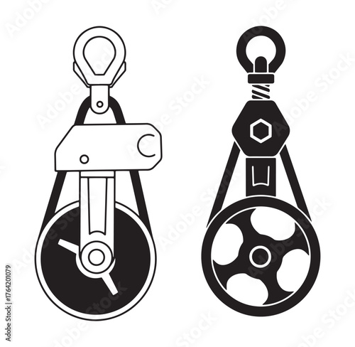 Two black and white illustrated vector pulley systems for lifting and construction purposes.