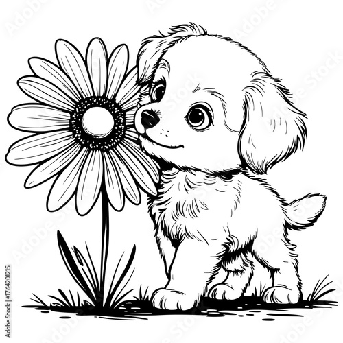Puppy Sniffing a Flower