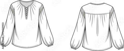 Women's blouse technical sketch, gathered yoke back, puff sleeve front, lace slit neckline detail, CAD drawing flat vector illustration