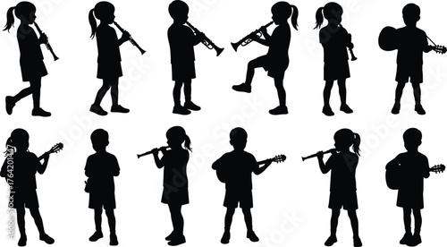 Silhouette of children playing musical instruments, kids performing music with trumpet, flute, and guitar, creative education and art concept