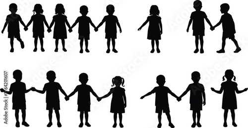 Silhouette of children holding hands together, unity and friendship concept, teamwork and cooperation among happy kids in black outline