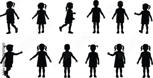 Silhouette of children walking and standing in various poses, kids playing and moving outdoors, active childhood movement illustration design