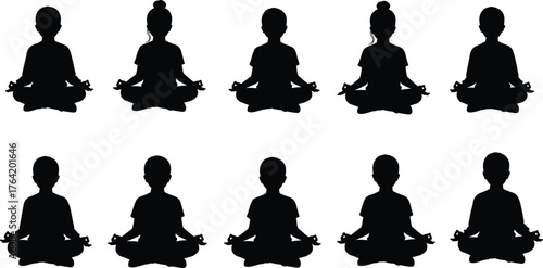 Silhouette of children meditating in lotus pose, mindfulness and yoga practice for kids, relaxation and calmness in black outline
