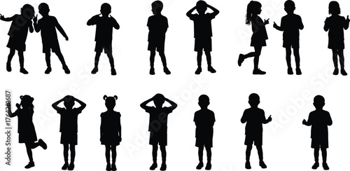 Silhouette of children expressing emotions and gestures, kids communication and body language concept, black outline of playful young boys and girls