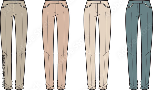 Set of women's classic straight-leg trousers in four versatile colors. Fashion technical flat sketch of casual pants, a timeless wardrobe staple for everyday style