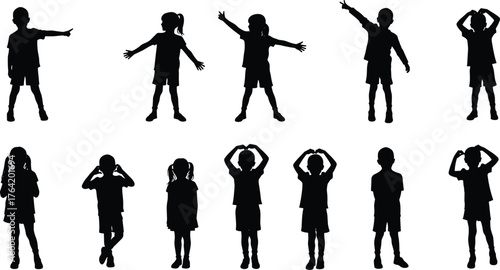Silhouette of children showing different hand gestures and poses, playful kids body language concept, black outline of boys and girls