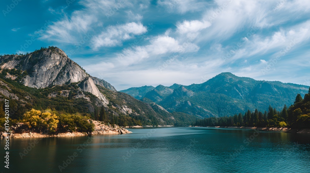 Obraz premium Expansive body of water winds between steep forested slopes and massive granite peaks under a bright sky