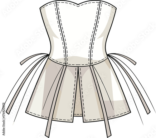 Women's corset top technical sketch, sweetheart neckline, flared hem, structured seams, ribbon ties, fashion flat, cad drawing flat vector illustration