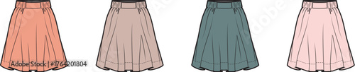 Collection of four elegant pleated midi skirts presented in a variety of soft, pastel hues, ideal for fashion design and apparel concept illustrations or wardrobe planning