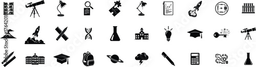 Education and Science icon set. Containing graduation cap, school, school bag, table lamp, bookshelf, pen. Editable vector illustration