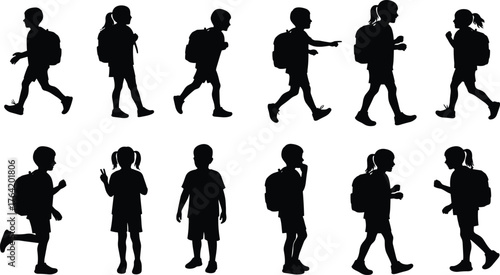 Silhouette of school children walking with backpacks, boys and girls going to school isolated on white background, education concept