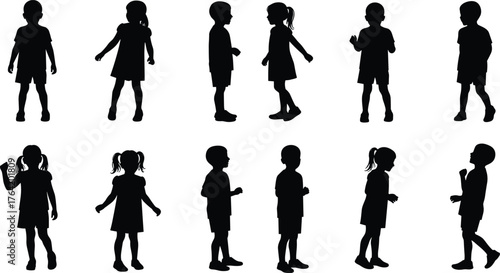 Silhouette of children standing, walking, and posing, group of boys and girls in various positions isolated on white background