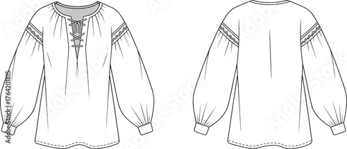 Women's blouse technical sketch, lace-up neckline, gathered sleeve, embroidery trim, pleated back, fashion flat, garment design, cad drawing flat vector illustration