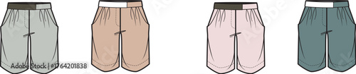 Fashion illustration of four pairs of casual shorts in different muted colors, presented as a flat design template