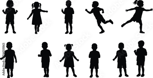 Silhouette of active children running, walking, and playing, boys and girls movement poses isolated on white background, childhood activity concept