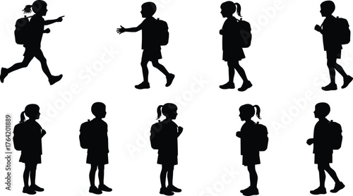 Silhouette of school children walking and standing with backpacks, boys and girls going to school isolated on white background
