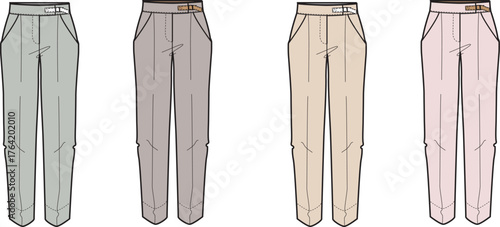 Women's classic pleated trousers fashion flat technical drawing collection. Vector illustration template for apparel design shown in multiple colors