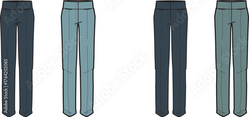 Fashionable pants in varying shades with slender designs, flat illustrations perfect for catalog or presentation