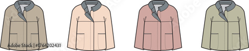 A collection of women's casual outerwear jackets in four different pastel colorways. Vector flat design illustration set for fashion apparel templates or clothing mockups