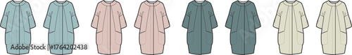 Collection of elegant women's long coats in various pastel colors and neutral tones, showcasing stylish outerwear designs for a chic wardrobe