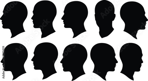 Collection of male head silhouettes in profile view, black human face outline vector illustration isolated on white background