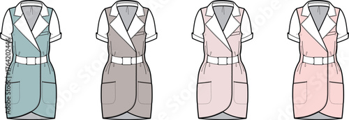 Collection of women's short-sleeve wrap dress technical flat sketches in different colors. Vector fashion design template